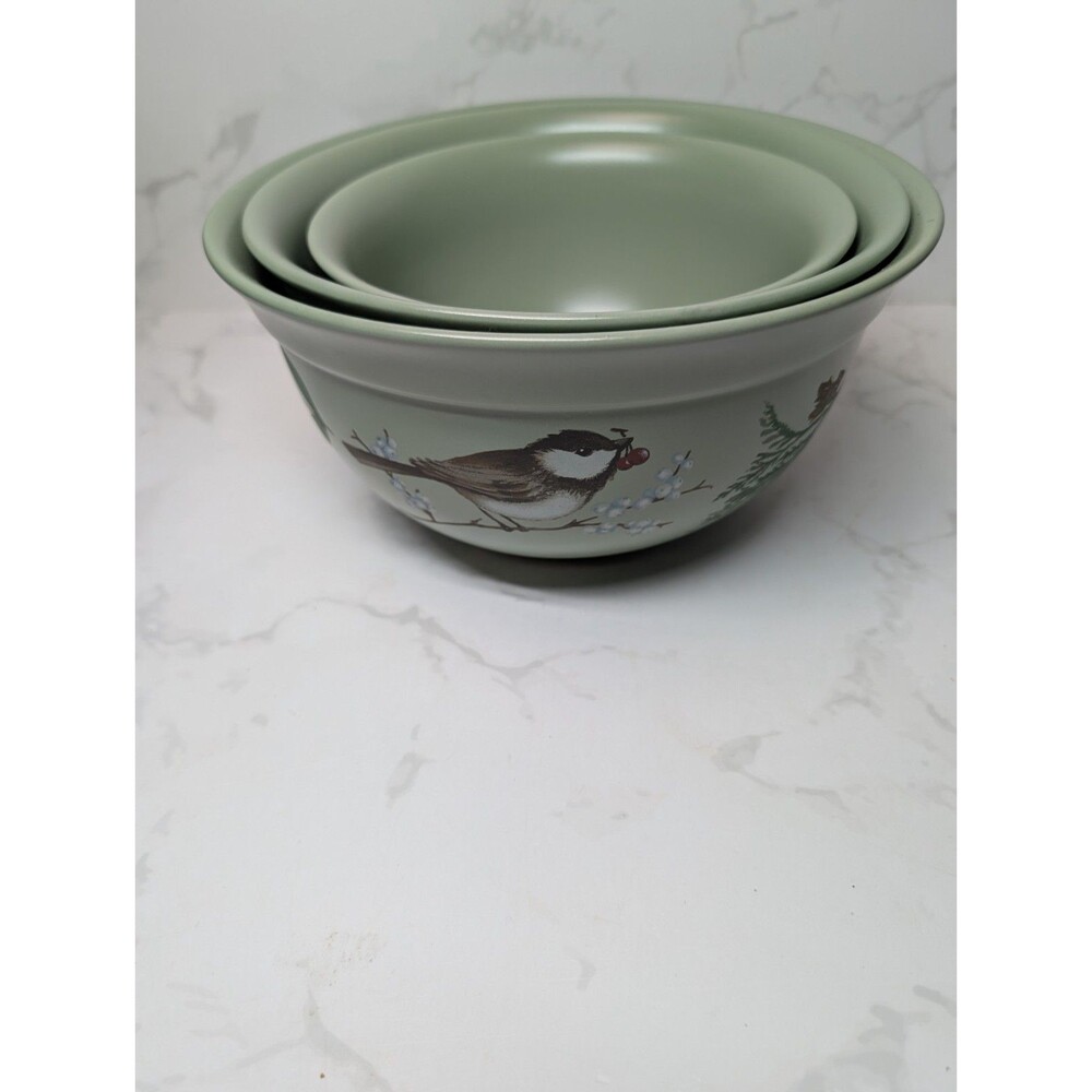 Pfaltzgraff Winterwood 3 Nesting Mixing Bowls 10"/8"/6" Chickadee Stoneware Set